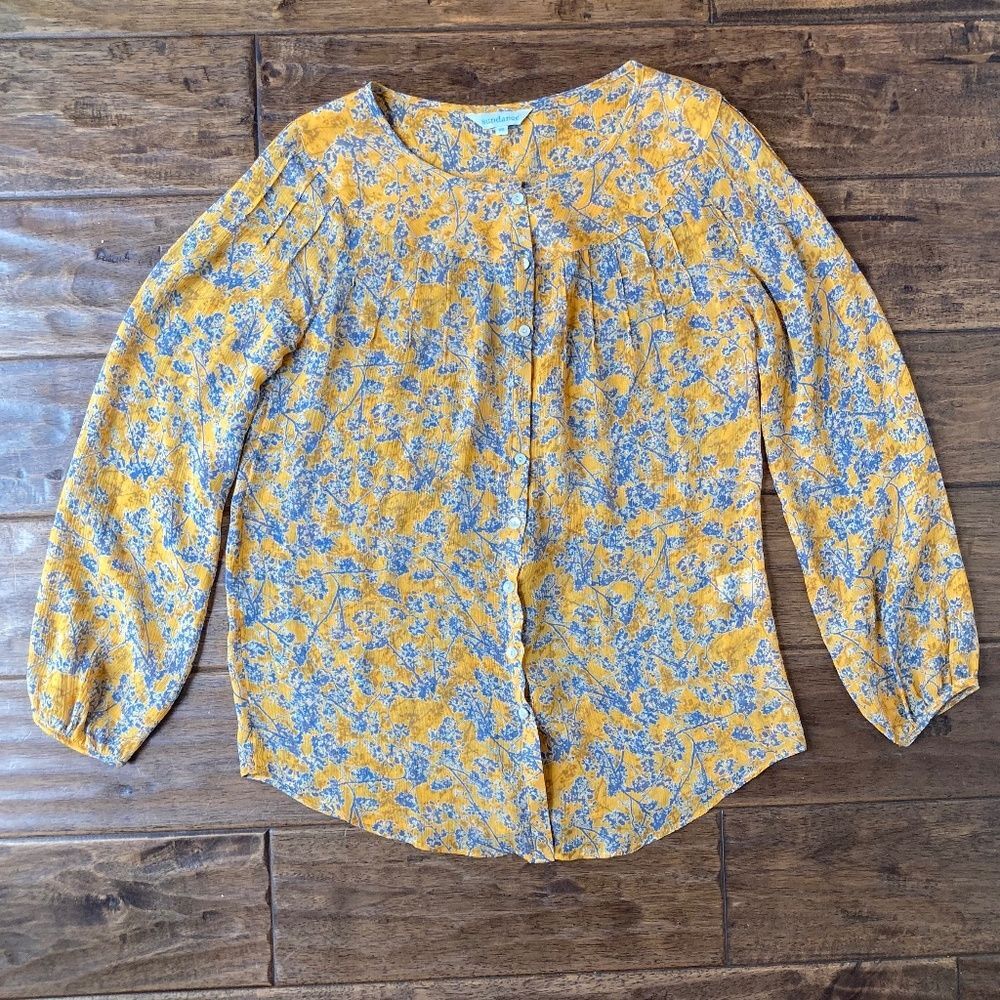 Sundance XS Yellow Floral 100% Silk Button Up Blouse Sheer Top Cottagecore Boho